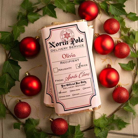 Personalised North Pole Galaxy Chocolate Bar Wrapper: Nice List Santa Christmas Eve Stocking Filler, xmas eve box fillers