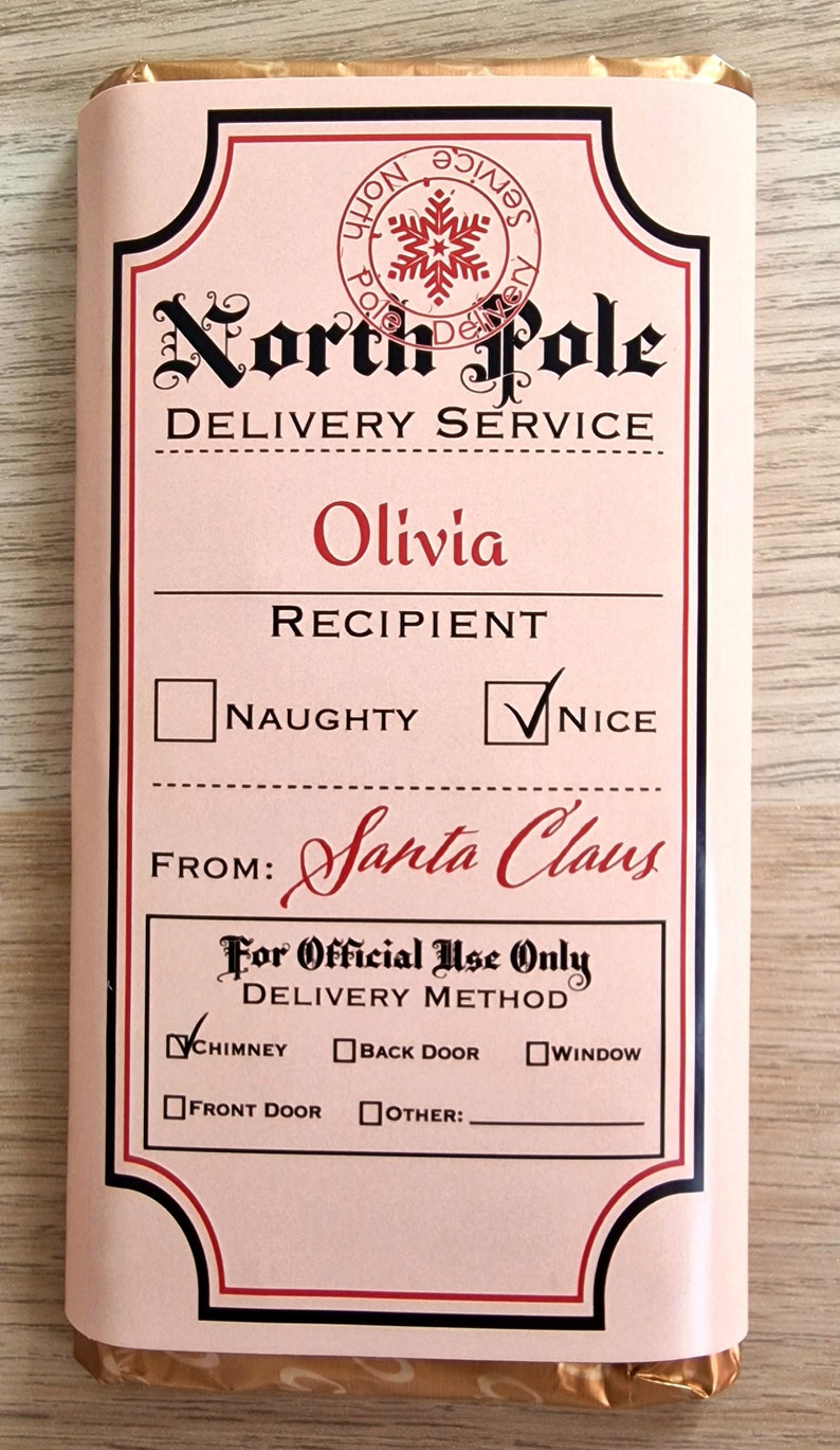 Personalised gift North Pole chocolate wrapper/bar, Christmas stocking filler gifts for kids, Christmas Eve Box filler, Novelty gift believe
