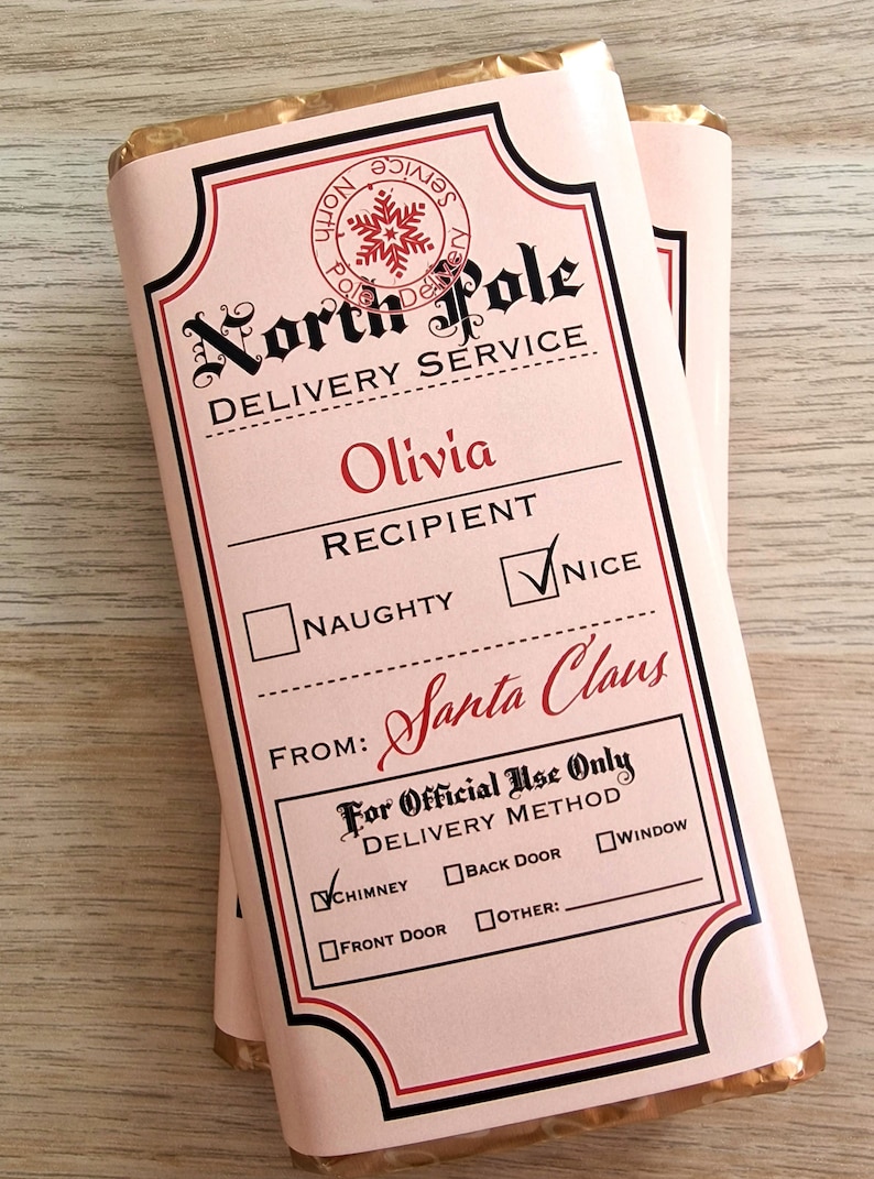 Personalised gift North Pole chocolate wrapper/bar, Christmas stocking filler gifts for kids, Christmas Eve Box filler, Novelty gift believe