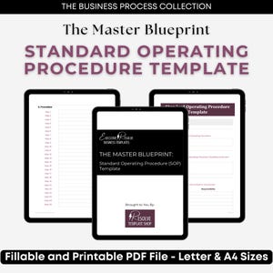 May include: Three digital tablets displaying a business template. The text on the tablets reads "The Master Blueprint: Standard Operating Procedure (SOP) Template." The image also includes the text "Fillable and Printable PDF File - Letter & A4 Sizes."