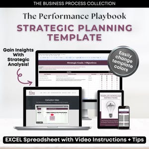 May include: Image of a strategic planning template displayed on a laptop, desktop monitor, tablet, and smartphone. The text includes "The Performance Playbook" and "Strategic Planning Template." The image also includes the text "Gain Insights With Strategic Analysis!" and "EXCEL Spreadsheet with Video Instructions + Tips."