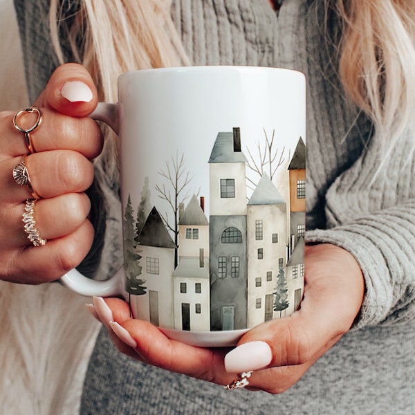 Row House Mug, Watercolor Row Houses mug, Housewarming Gift For New Home Owner, Mom Gift, Large Town House Mug, Best Friend Gift