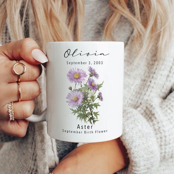 September Birth Flower Mug, Friendship Gift, Aster Birth Mug, Personalized Birthday Gift, Bridesmaids Gift, Christmas Gift, mom gift