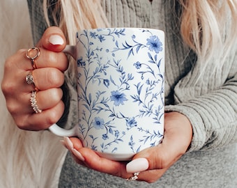Porcelain Blue Mug Botanical Cottage Core Mug Decorative Ceramic Coffee Cup Boho Floral Mug Gift for Mom Blue Flower Mug