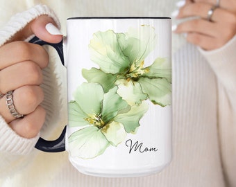 Mothers Day Gift for Mom, Beautiful large Green floral design printed on 11 or 15 ounce mug with "Mom" written