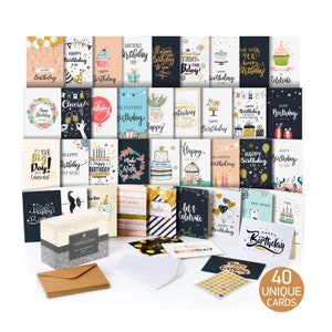 Unique Birthday Card Set: 40 Designs with Greetings Inside