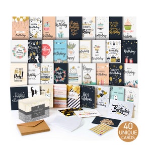 Assortiment de cartes de joyeux anniversaire - cartes en vrac - 40 modèles uniques avec enveloppes - carte d'anniversaire hommes femmes enfants - salutations à l'intérieur