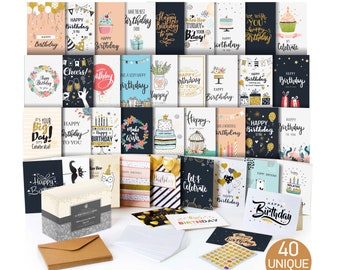 Happy birthday cards assortment - cards in bulk -  40 pack unique designs with envelopes - birthday card men women kids - greetings inside