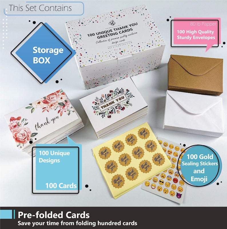 100 Thank You Cards With Envelopes Pack Bulk - Blank Notes Set With 100 ...