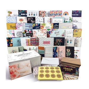 100 Thank You Cards With Envelopes Pack Bulk - Blank Notes Set with 100 Different Cute Unique Designs - Business Client Wedding Business 4x6