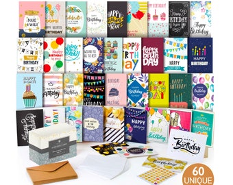 60 Happy Birthday Cards Assortment - Bday Cards in Bulk - Pack Unique Designs with Envelopes - Birthday card men women kids greetings inside