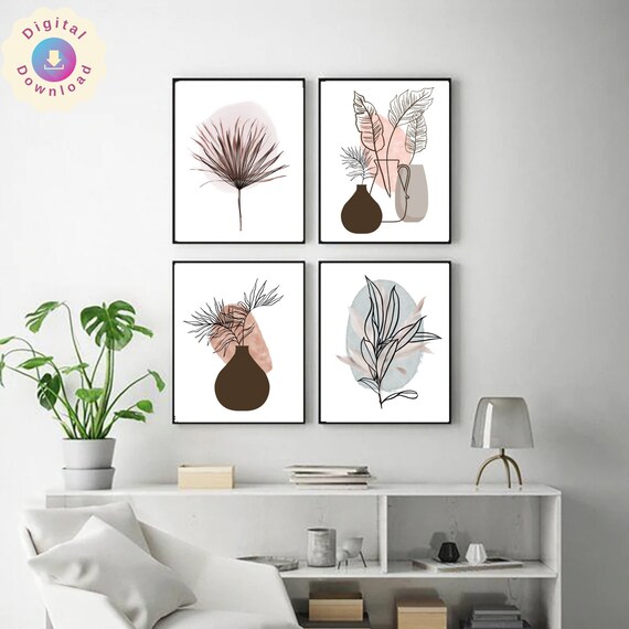 Boho Art Set of 4 Prints Boho Wall Art Minimal Botanical Etsy