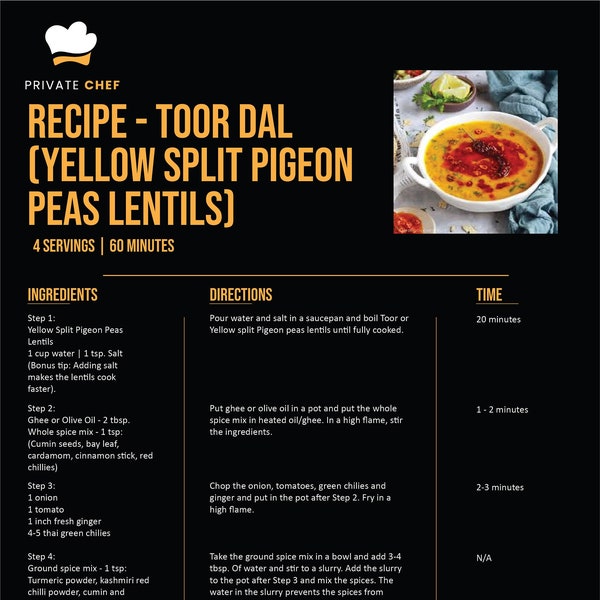 Toor Dal, Recipe Card, Printable Recipe Card Template, Food Planner Journal, Indian food recipe, cooking, sheet, digital