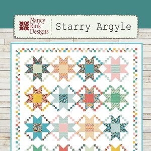 May include: A quilt pattern called "Starry Argyle" by Nancy Rink Designs. The quilt features a white background with a repeating pattern of colorful stars. The stars are made up of smaller squares of fabric in various colors and patterns.