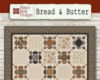 Bread & Butter quilt pattern for 10 inch squares or layer cakes. Beginner level. Easy to sew. Large scale prints. Neutral fabric