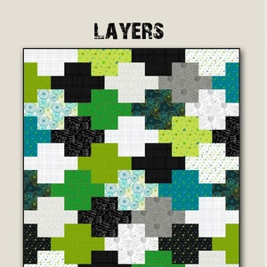 May include: A quilt pattern called "Layers" by Nancy Rink Designs. The pattern is fat quarter friendly and uses a variety of colors including black, white, green, teal, and yellow. The pattern is available in two sizes: 50 x 66 inches and 88 x 91 inches. The fabric shown is "Do The Math" by Marcus Fabrics.