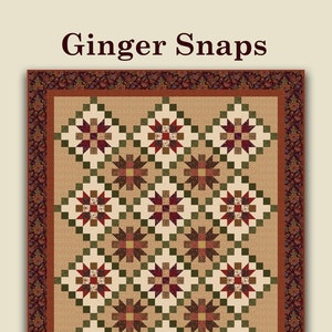 May include: A patchwork quilt titled "Ginger Snaps" with a repeating star pattern in shades of red, green, and brown on a beige background. The quilt measures 76 x 96 inches. The design is by Nancy Rink.