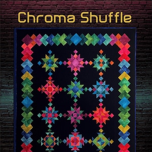 May include: A colourful quilt titled "Chroma Shuffle" with a black background. The quilt features a repeating pattern of geometric shapes in vibrant colours, including red, orange, yellow, green, blue, and purple. The finished quilt size is 198 x 239 cm.
