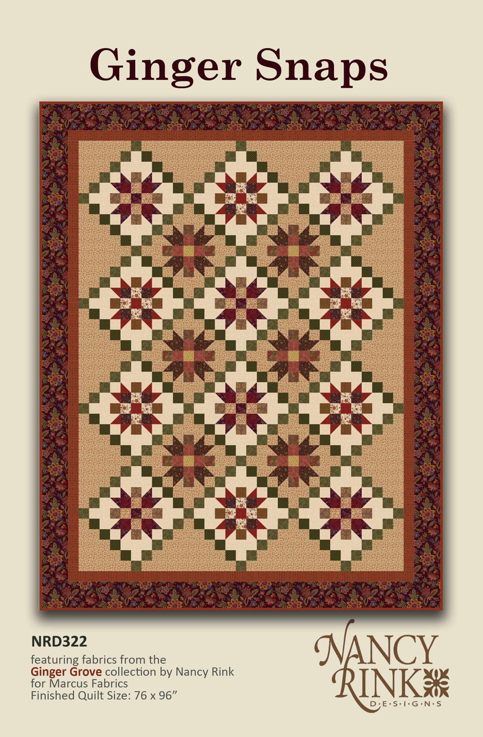 Ginger Snaps fall inspired quilt in tones of rust, gold, green, and brown.  Easy to piece.  Click to see other fabrics options.