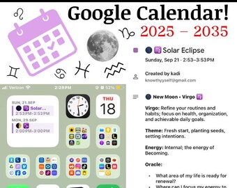 Calendario digitale delle fasi lunari di 10 anni / Fasi e segni zodiacali / Calendario Google / 2025-2035