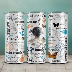 Afirmações motivacionais em espanhol, design de sublimação para copo fino de 20 onças, embalagem para copo PNG, presente cristão para ela, latina, mulher