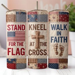 Patriotic Cottagecore Patchwork 20oz Skinny Tumbler Wrap Sublimation Design Bible Verse PNG Walk in Faith Digital Download US Flag
