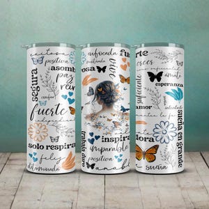 Vaso delgado de 20 oz con frases motivacionales en español, diseño de sublimación, envoltura PNG, regalo cristiano para ella, latina, mujer