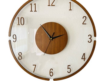 Modern Wooden Wall Clock Unique Wood and fiberglass Minimalist Silent Clock Decor  Gift Home wall decor use kitchen, office or living room