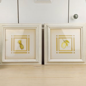 Set of 2 Vintage RF Thompson Framed and Matted Drawings of a Pineapple and Drawing of a Lemon, Signed Artwork