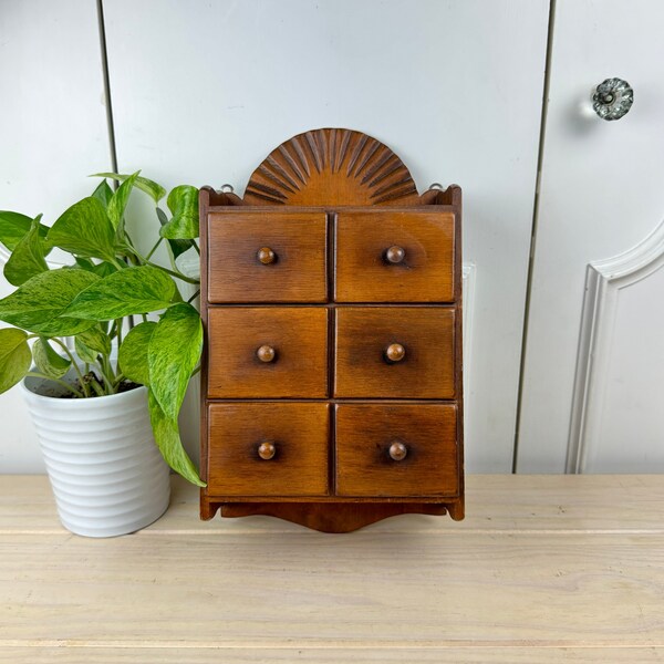 Primitive Spice Cabinet with 6 Wooden Drawers, Hanging Spice Storage with Carved Detailing