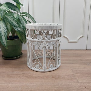 Vintage White Wicker Round Side Table, Stool or Plant Stand with Heart Shaped Scroll Detailing