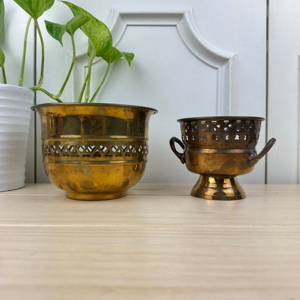 Set of 2 Vintage Pierced Brass Bowls, Rustic Brass Planters, Candle Holders or Accent Bowls