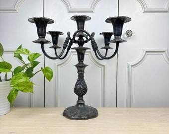 15-1/2" Antique Silver Plate Sheffield 5 Arm Candelabra that Converts to a Single Candlestick Holder, Made in USA