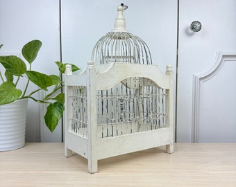 Vintage White Decorative Birdcage, Wood and Metal Bird Cage with Distressed Paint