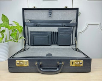 Vintage Black Briefcase with Gold Accents and External Stitching, Expandable Executive Attache with Working Combination Locks