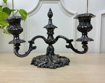 Antique Silver Plate Candelabra, Two Arm Centerpiece with Intricate Detailing