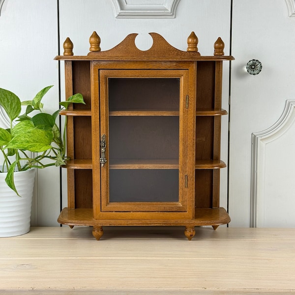 Vintage Wooden Display Cabinet with Glass Door and Finials, Wall or Countertop Display for Collectables