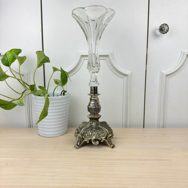 Elegant Silver Metal and Glass Bud Vase, Fluted Epergne with Ornate Metal Base
