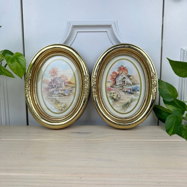 Set of Two Oval Framed Prints by Homco Inc. with Glass Fronts and Gold Frames, Made in the USA in 1983