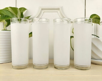 Set of 4 Vintage Federal Glass Frosted Tumblers, White Bands with Frosted Glass, Tall & Slim Glass Tumblers, Vintage Barware