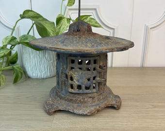 Cast Iron Pagoda Garden Lantern with Bamboo and Bird Motif, Naturally Aged and Chippy
