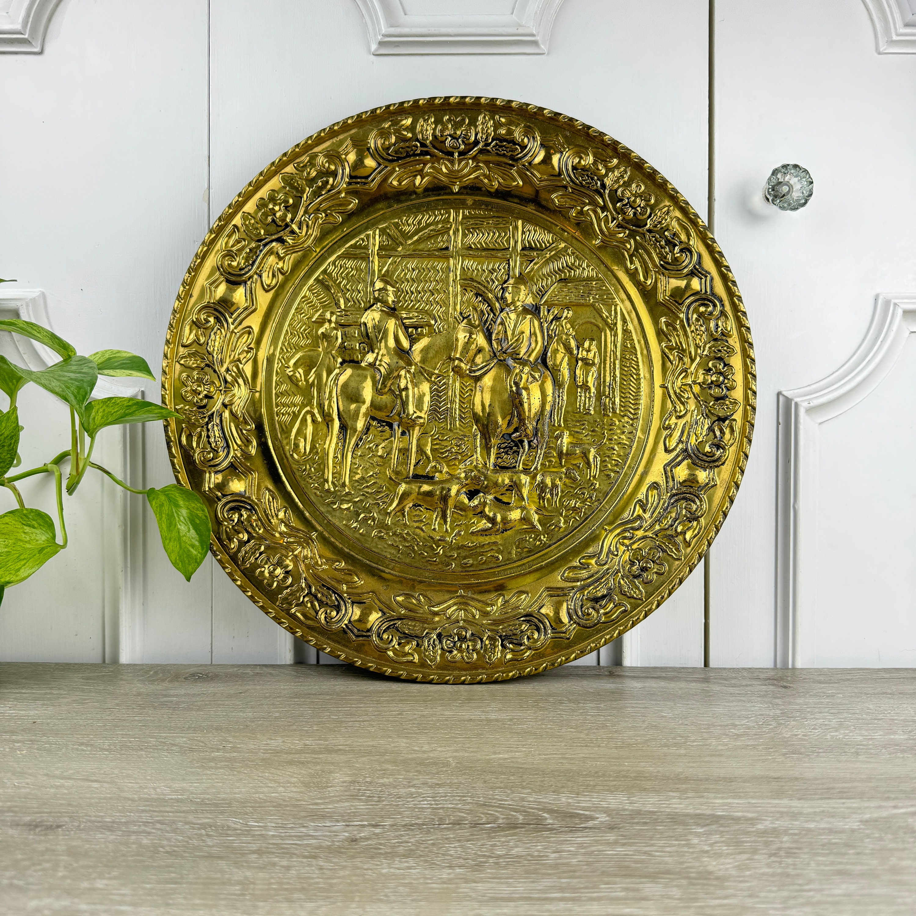 Vintage Brass Decorative Plate With Equestrian Scene, Wall Decor, Made