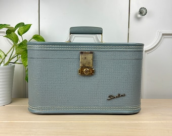 Vintage Light Blue Starline Train Case with Gold Accents and External Stitching, Makeup Organizer or Overnight Tote