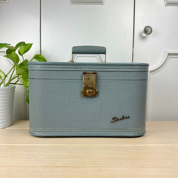 Vintage Light Blue Starline Train Case with Gold Accents and External Stitching, Makeup Organizer or Overnight Tote