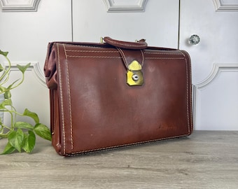 Vintage Genuine Split Cowhide Leather Medical Bag with Expandable Brass Moon Closure, Brown Briefcase with External Stitching
