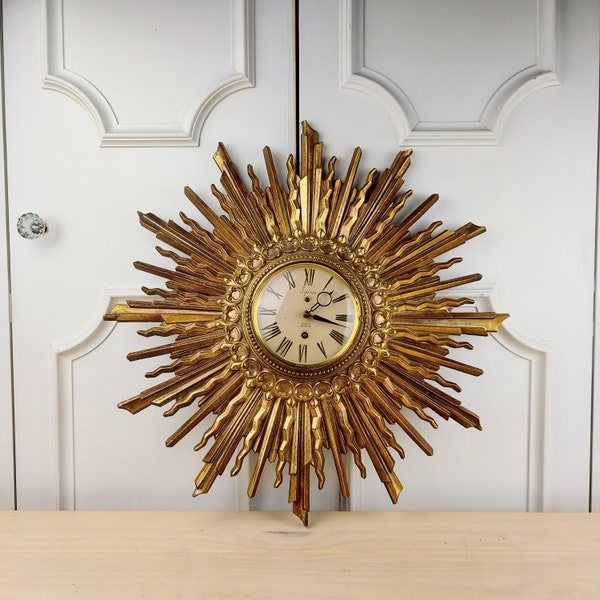 1950's Mid-Century Modern Gold Syroco Starburst Wall Clock, Collectable Atomic Starburst/Sunburst Clocks, Gold Wooden Clock, SyrocoWood