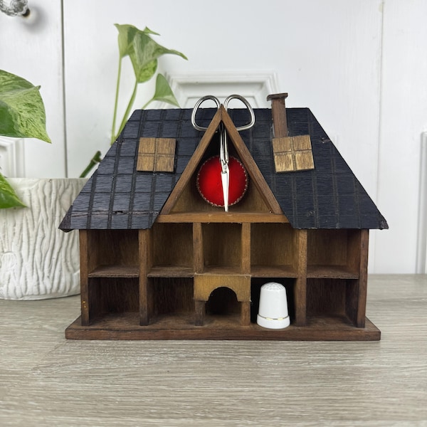 Vintage Wooden House Shaped Display Shelf, Thimble Knickknack Organizer, Wall Countertop Storage