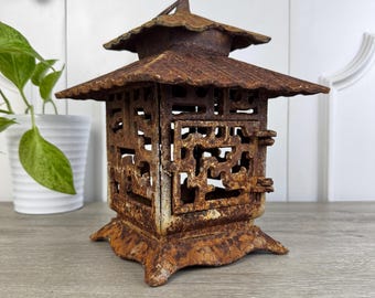 Japanese Cast Iron Pagoda Lantern with Rustic Aged Patina, Candle Lantern