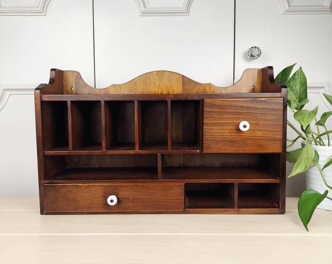 Vintage Desktop or Wall Organizer, Wooden Cubby Shelf With Drawers and