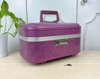 Vintage Purple Train Case with Key, Unique Makeup Organizers, Trojan Brand Overnight Tote